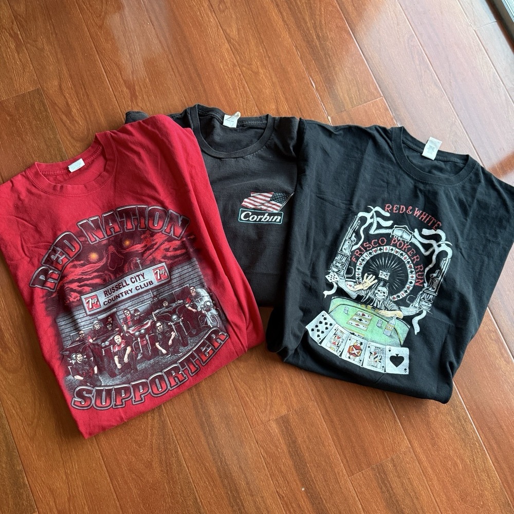 Bundle Of 3 Men's XL Motorcycle Tshirts Corbin Red Nation Poker Run